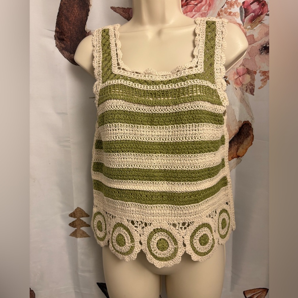 New small Green and Cream Crochet Tank Top